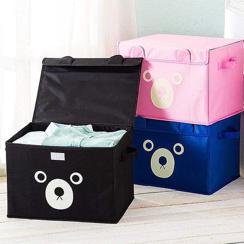 Panda Folding Storage Bin with a cute panda design, ideal for kids' toys, clothes, and wardrobe organization. Lightweight, foldable, and available in random colors."